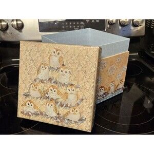 Elegant Storage Box Blue, Yellow, Silver Filigree Owl Print 9"x9"x5"